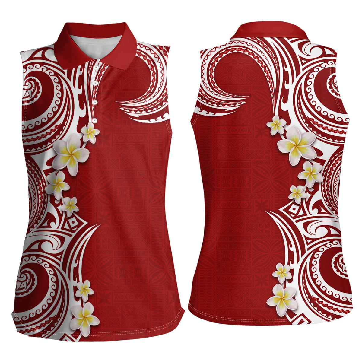 Aloha Polynesian Plumeria Flower Women Sleeveless Polo Shirt Red Color LT03 - Polynesian Pride