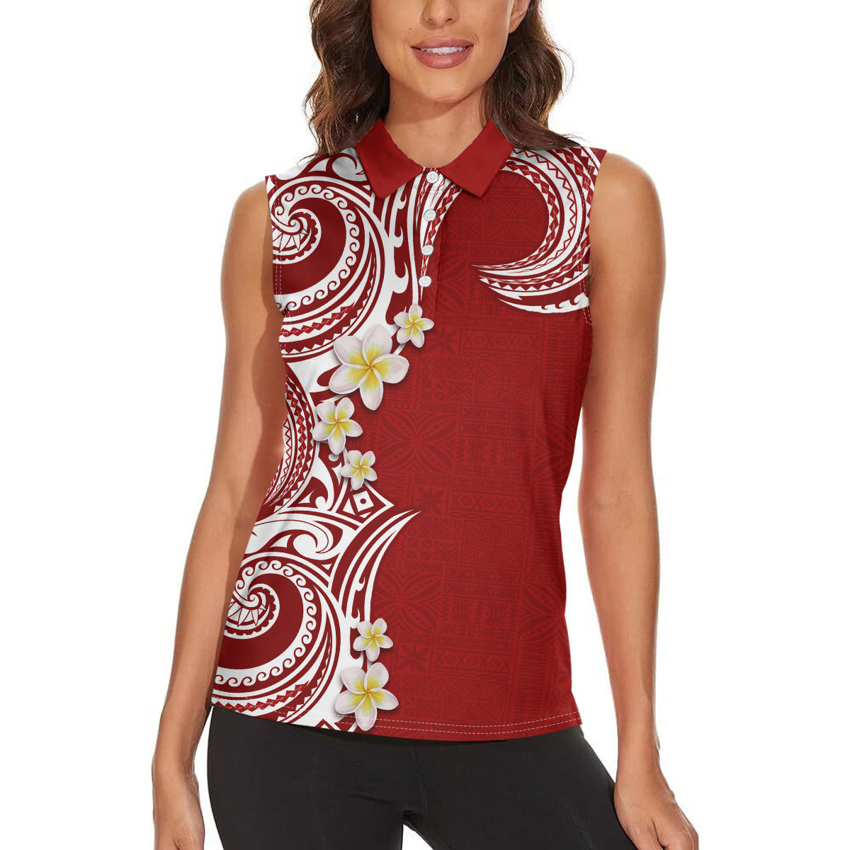 Aloha Polynesian Plumeria Flower Women Sleeveless Polo Shirt Red Color LT03 - Polynesian Pride