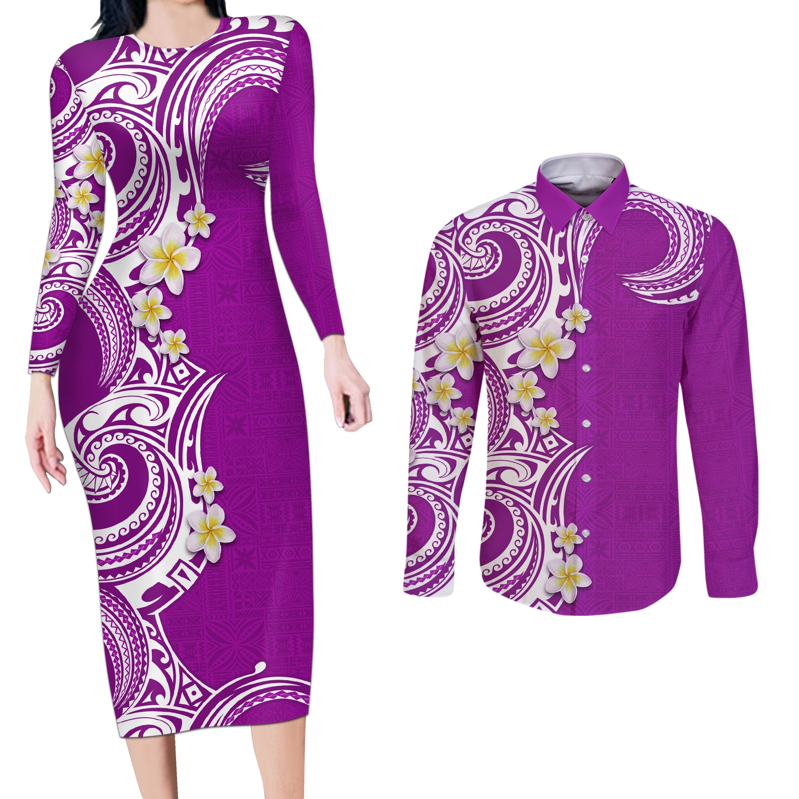 Aloha Polynesian Plumeria Flower Couples Matching Long Sleeve Bodycon Dress and Long Sleeve Button Shirt Purple Color