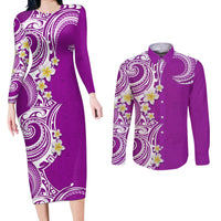 Aloha Polynesian Plumeria Flower Couples Matching Long Sleeve Bodycon Dress and Long Sleeve Button Shirt Purple Color