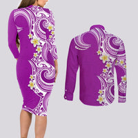 Aloha Polynesian Plumeria Flower Couples Matching Long Sleeve Bodycon Dress and Long Sleeve Button Shirt Purple Color