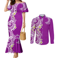 Aloha Polynesian Plumeria Flower Couples Matching Mermaid Dress and Long Sleeve Button Shirt Purple Color