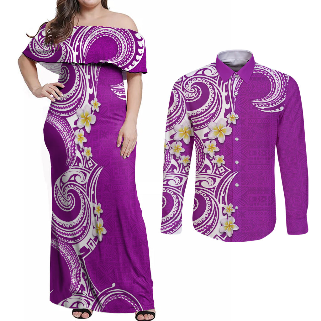 Aloha Polynesian Plumeria Flower Couples Matching Off Shoulder Maxi Dress and Long Sleeve Button Shirt Purple Color