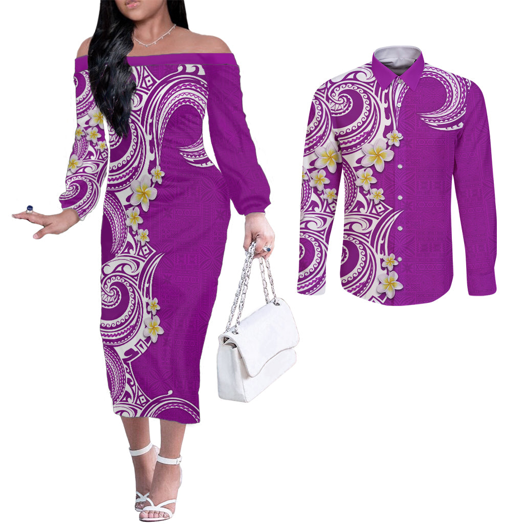 Aloha Polynesian Plumeria Flower Couples Matching Off The Shoulder Long Sleeve Dress and Long Sleeve Button Shirt Purple Color