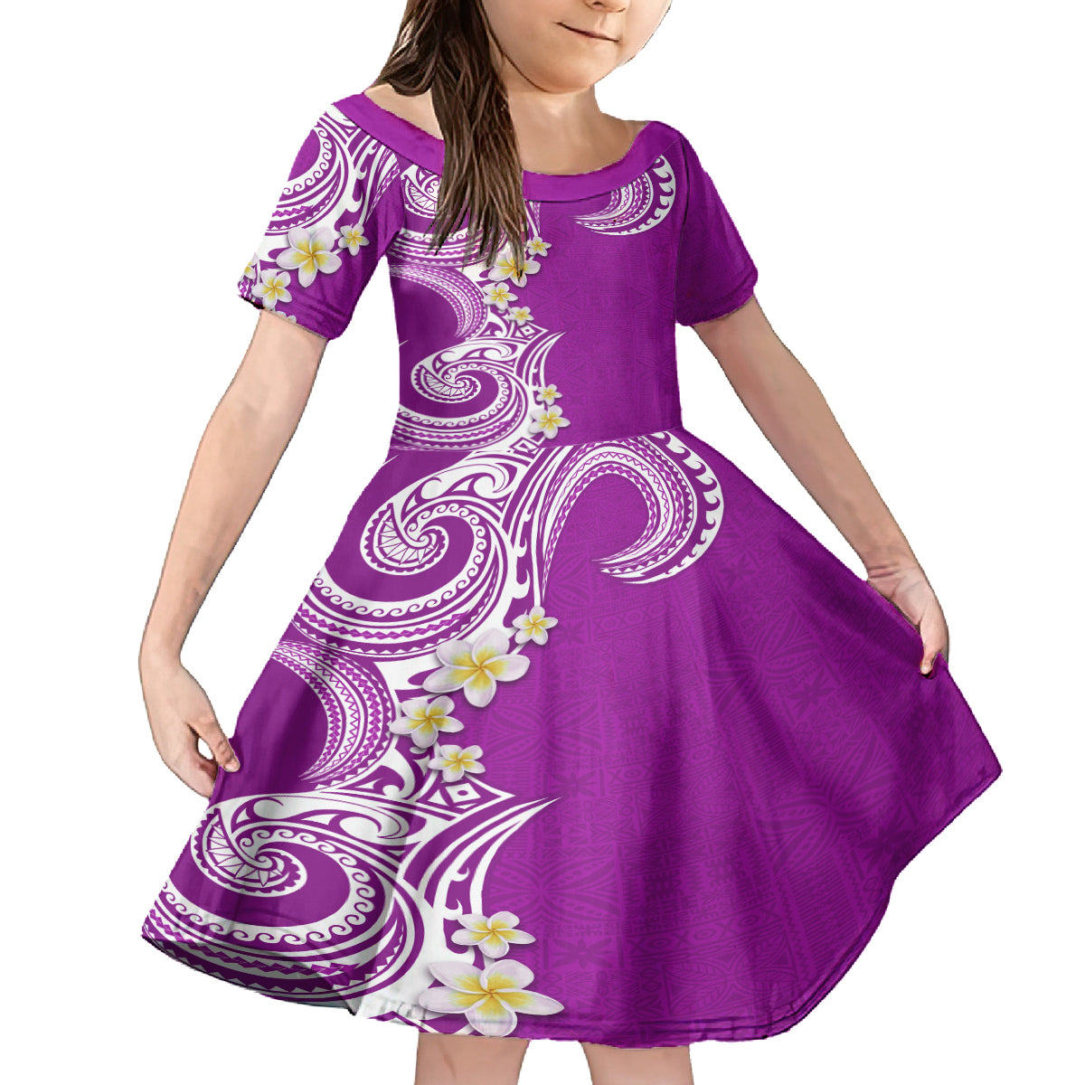 Aloha Polynesian Plumeria Flower Family Matching Long Sleeve Bodycon Dress and Hawaiian Shirt Purple Color