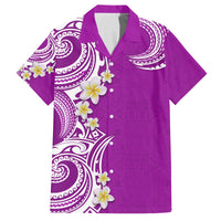 Aloha Polynesian Plumeria Flower Family Matching Off Shoulder Short Dress and Hawaiian Shirt Purple Color