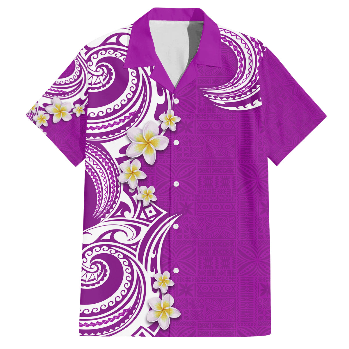 Aloha Polynesian Plumeria Flower Family Matching Summer Maxi Dress and Hawaiian Shirt Purple Color
