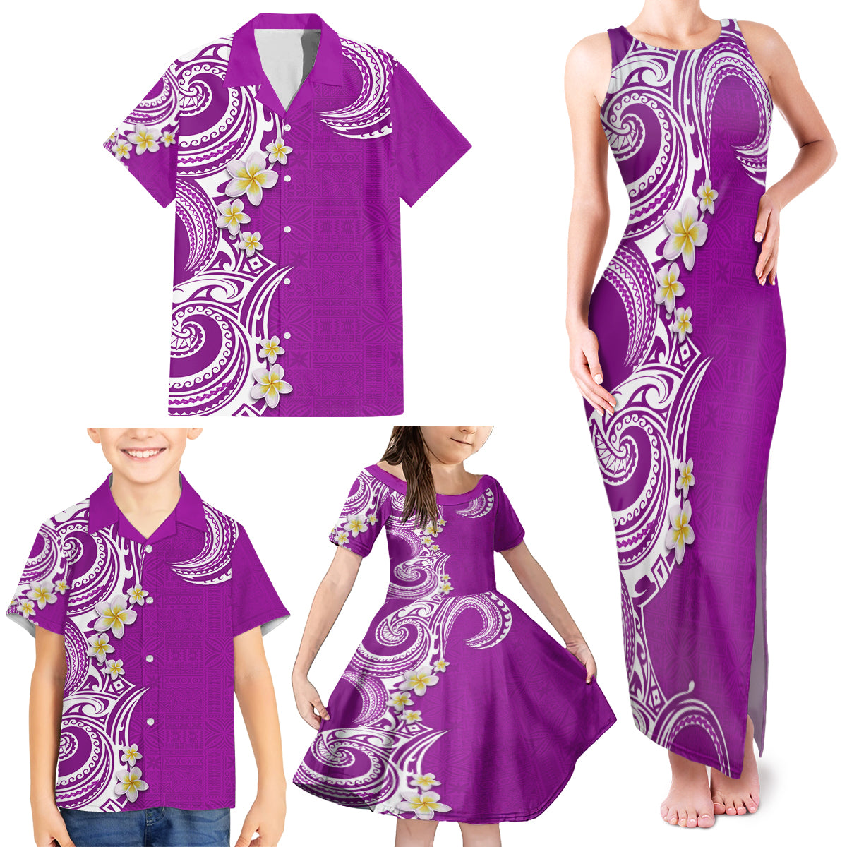Aloha Polynesian Plumeria Flower Family Matching Tank Maxi Dress and Hawaiian Shirt Purple Color