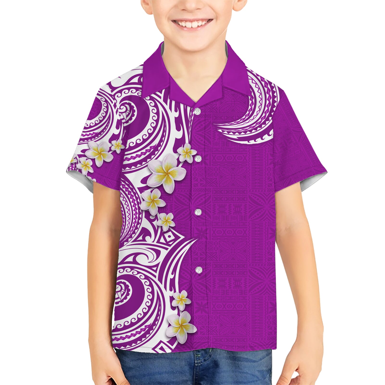 Aloha Polynesian Plumeria Flower Kid Hawaiian Shirt Purple Color