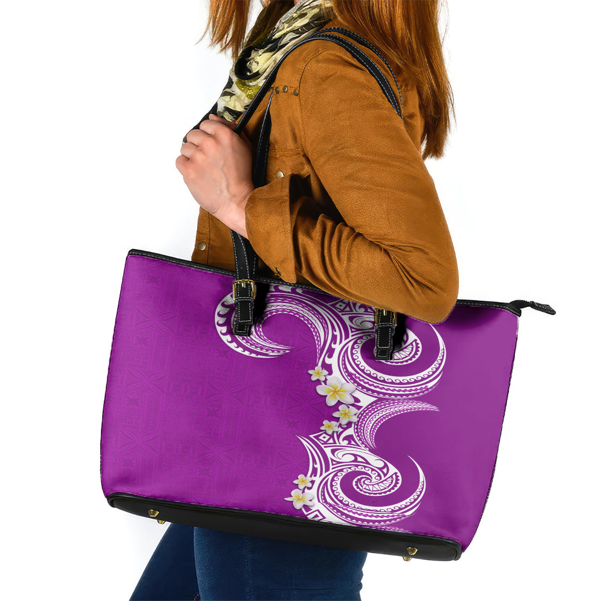 Aloha Polynesian Plumeria Flower Leather Tote Bag Purple Color LT03 Purple - Polynesian Pride