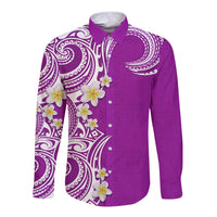 Aloha Polynesian Plumeria Flower Long Sleeve Button Shirt Purple Color