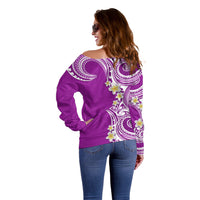 Aloha Polynesian Plumeria Flower Off Shoulder Sweater Purple Color