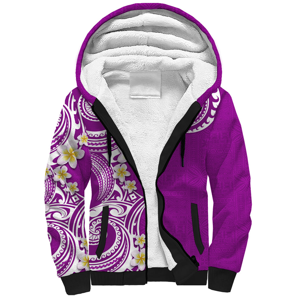 Aloha Polynesian Plumeria Flower Sherpa Hoodie Purple Color