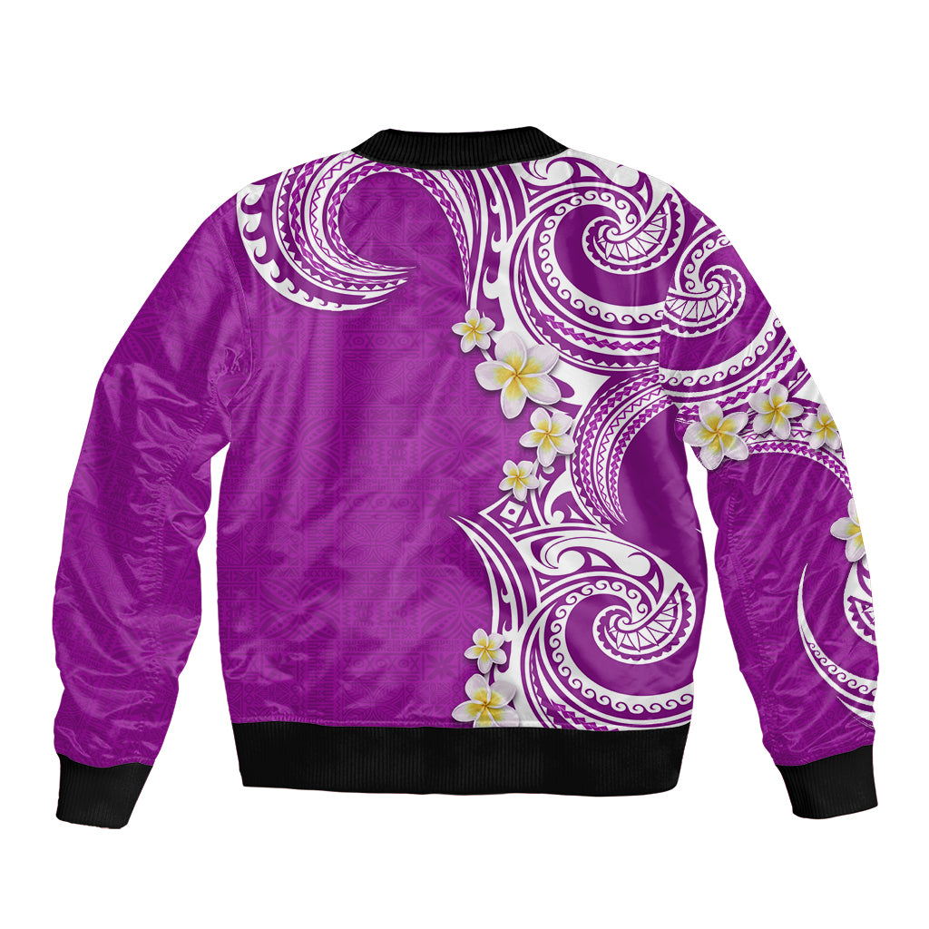 Aloha Polynesian Plumeria Flower Sleeve Zip Bomber Jacket Purple Color