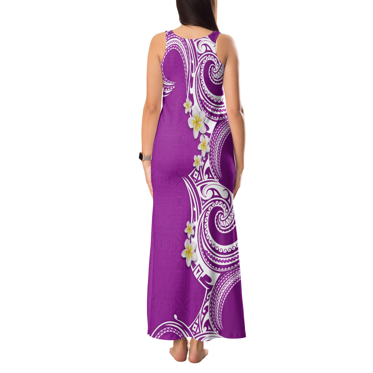 Aloha Polynesian Plumeria Flower Tank Maxi Dress Purple Color