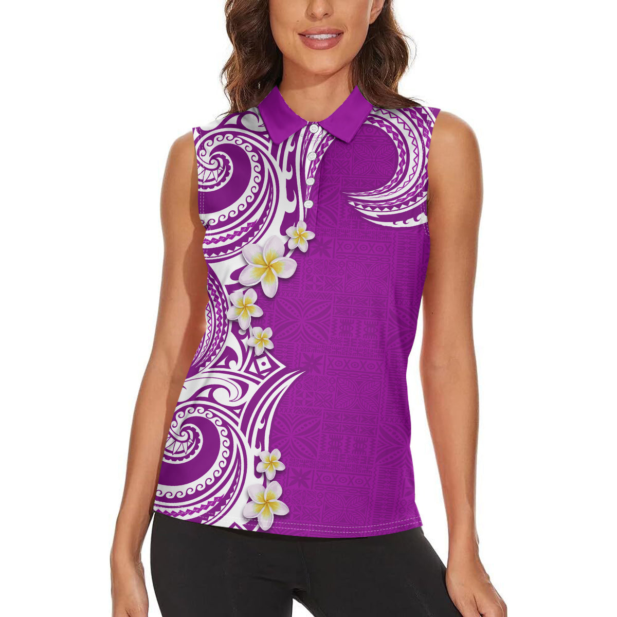 Aloha Polynesian Plumeria Flower Women Sleeveless Polo Shirt Purple Color LT03 - Polynesian Pride
