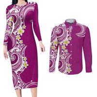 Aloha Polynesian Plumeria Flower Couples Matching Long Sleeve Bodycon Dress and Long Sleeve Button Shirt Pink Color