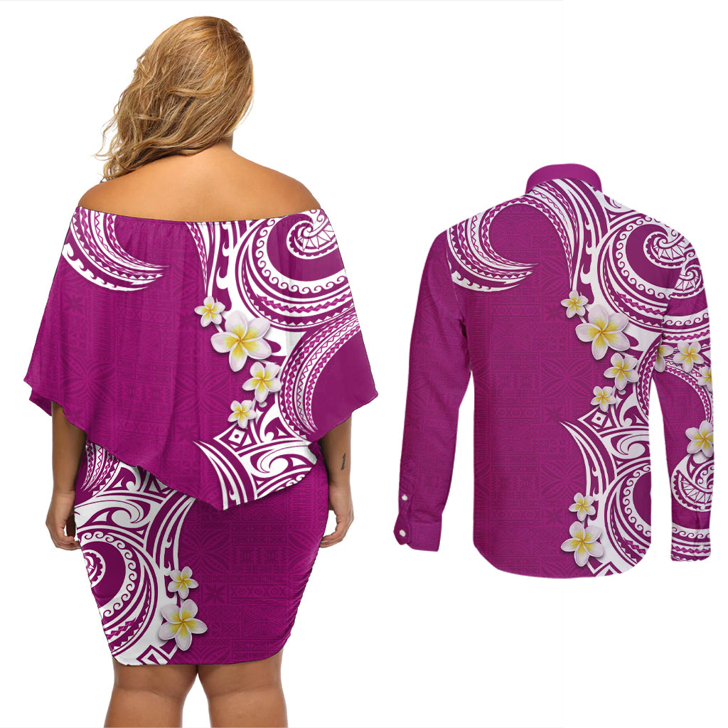 Aloha Polynesian Plumeria Flower Couples Matching Off Shoulder Short Dress and Long Sleeve Button Shirt Pink Color