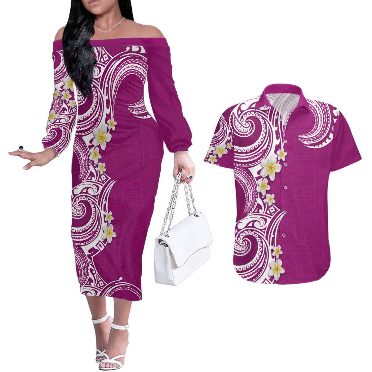 Aloha Polynesian Plumeria Flower Couples Matching Off The Shoulder Long Sleeve Dress and Hawaiian Shirt Pink Color