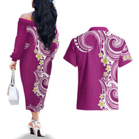 Aloha Polynesian Plumeria Flower Couples Matching Off The Shoulder Long Sleeve Dress and Hawaiian Shirt Pink Color