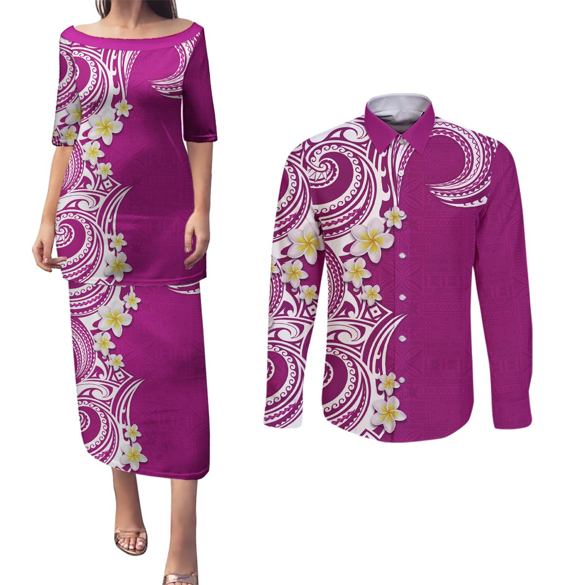Aloha Polynesian Plumeria Flower Couples Matching Puletasi and Long Sleeve Button Shirt Pink Color LT03 Pink - Polynesian Pride