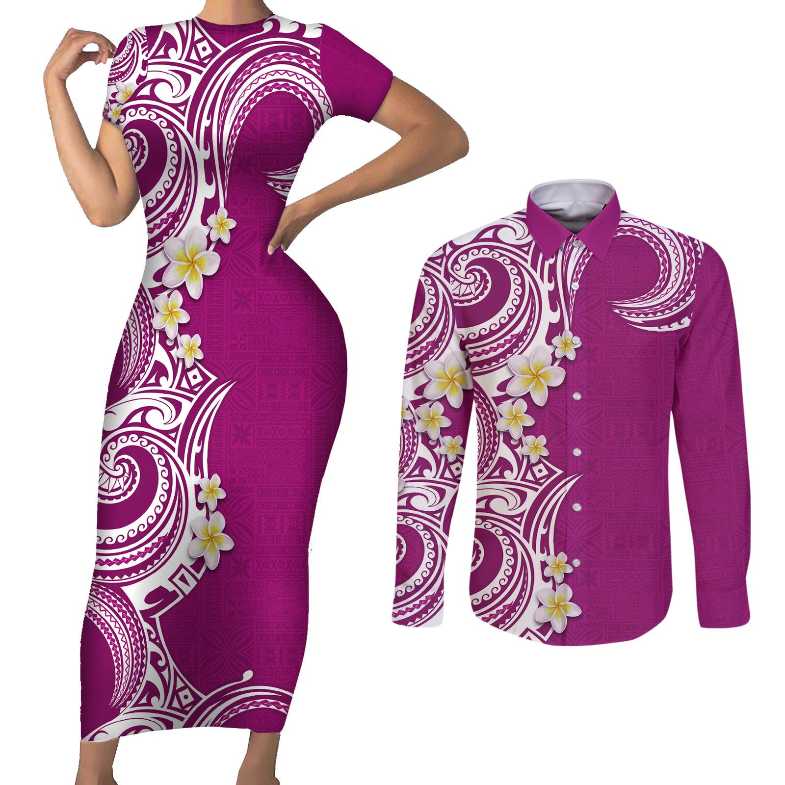 Aloha Polynesian Plumeria Flower Couples Matching Short Sleeve Bodycon Dress and Long Sleeve Button Shirt Pink Color