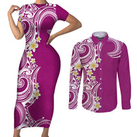 Aloha Polynesian Plumeria Flower Couples Matching Short Sleeve Bodycon Dress and Long Sleeve Button Shirt Pink Color