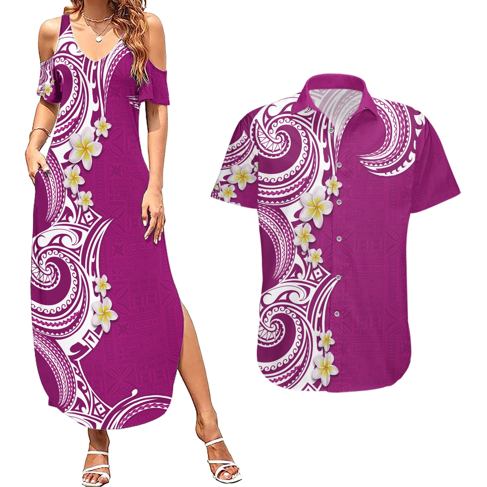 Aloha Polynesian Plumeria Flower Couples Matching Summer Maxi Dress and Hawaiian Shirt Pink Color