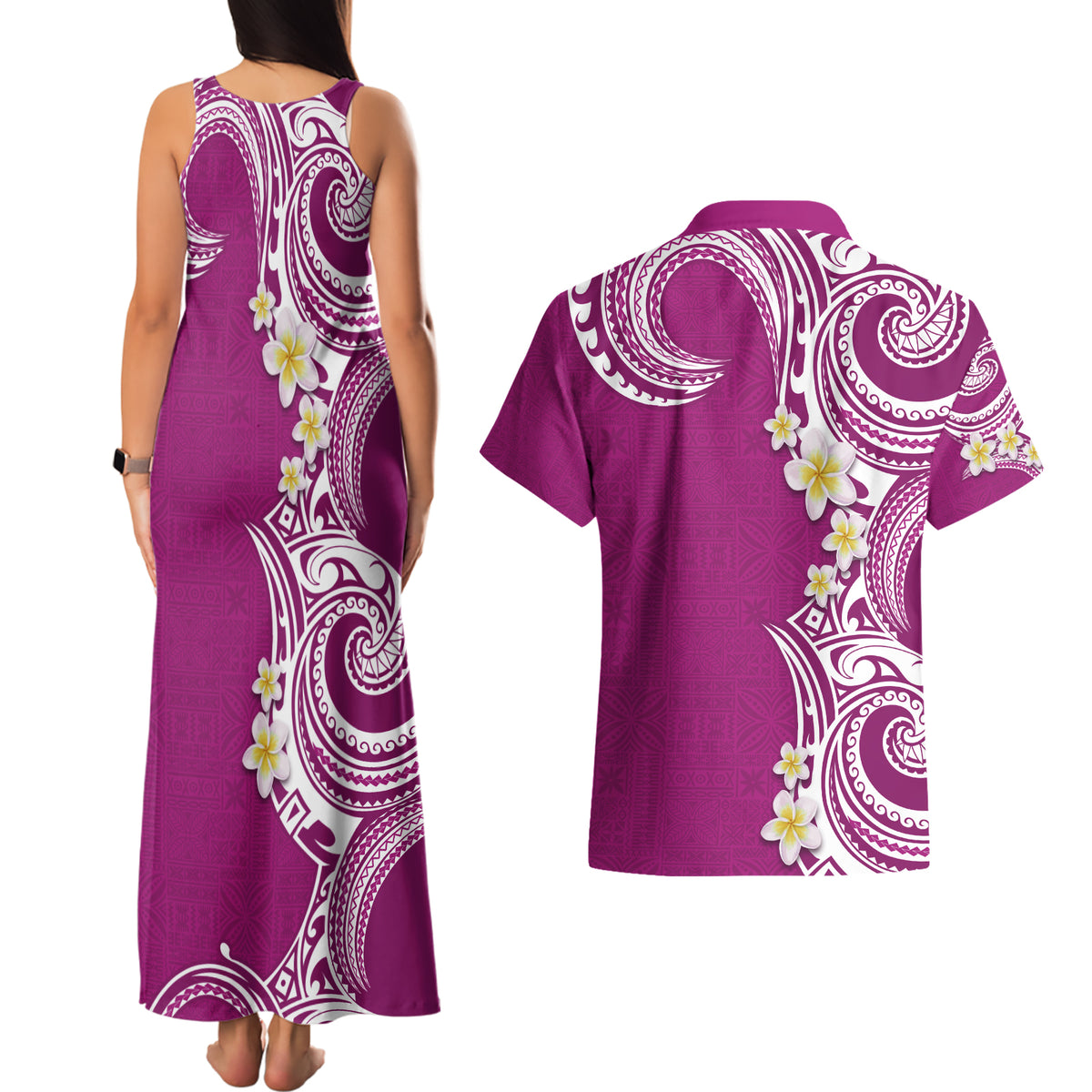 Aloha Polynesian Plumeria Flower Couples Matching Tank Maxi Dress and Hawaiian Shirt Pink Color