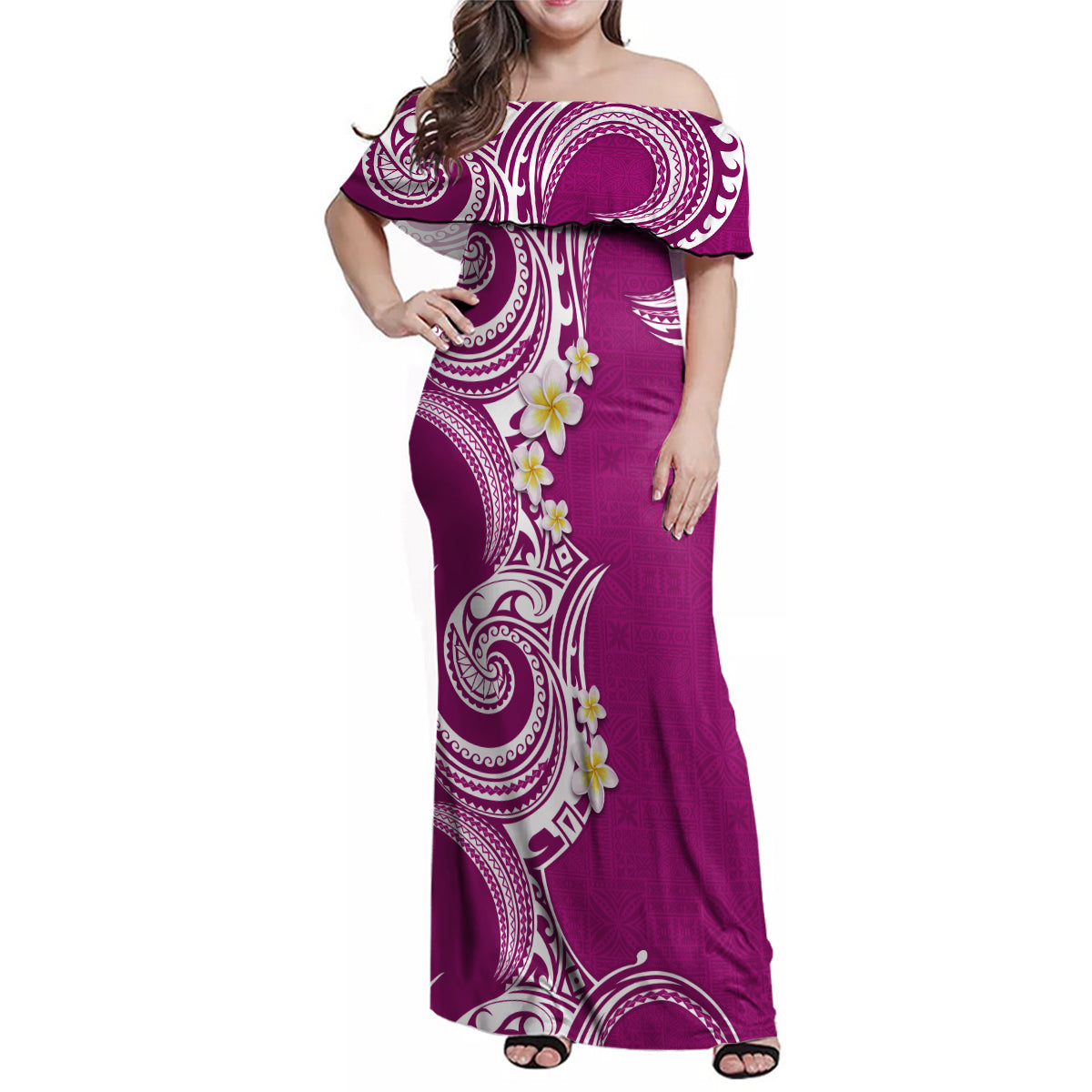 Aloha Polynesian Plumeria Flower Family Matching Off Shoulder Maxi Dress and Hawaiian Shirt Pink Color