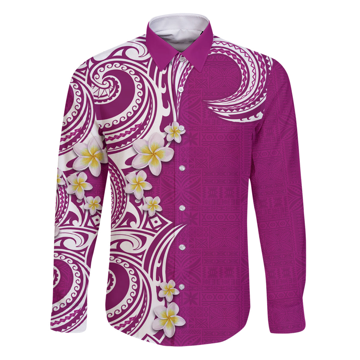 Aloha Polynesian Plumeria Flower Family Matching Puletasi and Hawaiian Shirt Pink Color