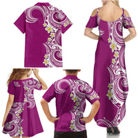 Aloha Polynesian Plumeria Flower Family Matching Summer Maxi Dress and Hawaiian Shirt Pink Color