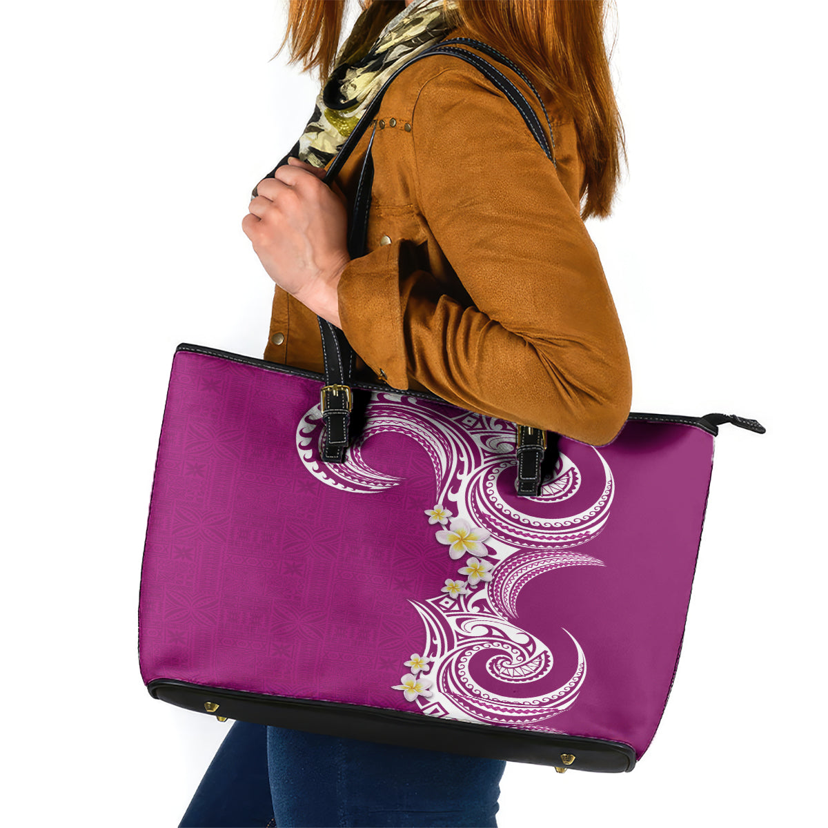 Aloha Polynesian Plumeria Flower Leather Tote Bag Pink Color LT03 Pink - Polynesian Pride