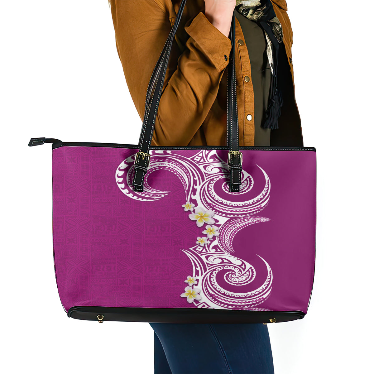 Aloha Polynesian Plumeria Flower Leather Tote Bag Pink Color