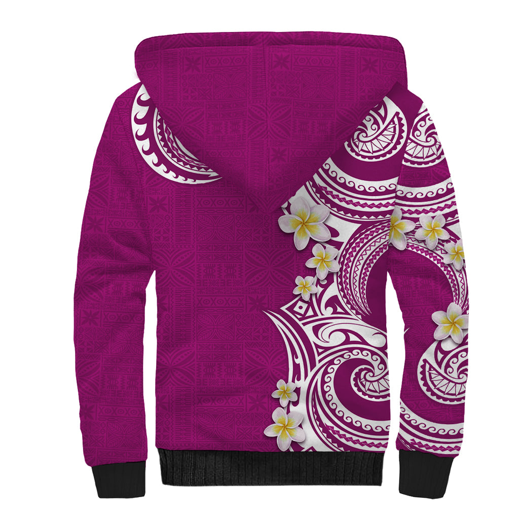 Aloha Polynesian Plumeria Flower Sherpa Hoodie Pink Color