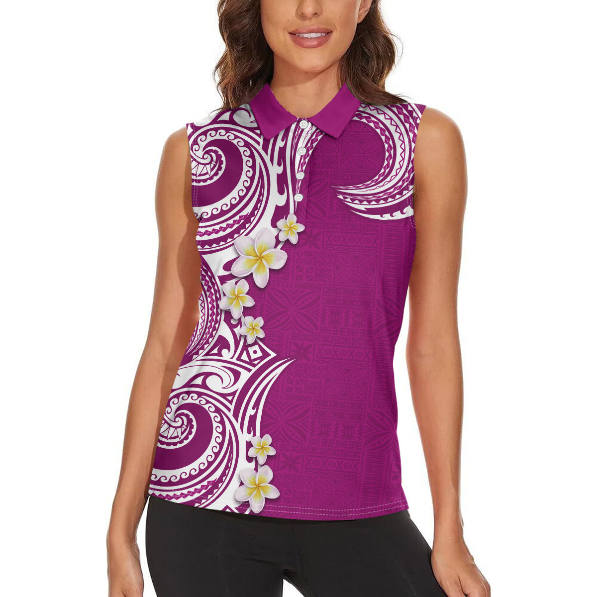 Aloha Polynesian Plumeria Flower Women Sleeveless Polo Shirt Pink Color LT03 - Polynesian Pride