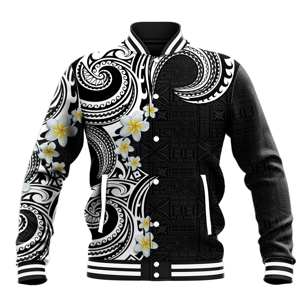 Aloha Polynesian Plumeria Flower Baseball Jacket Black White Color