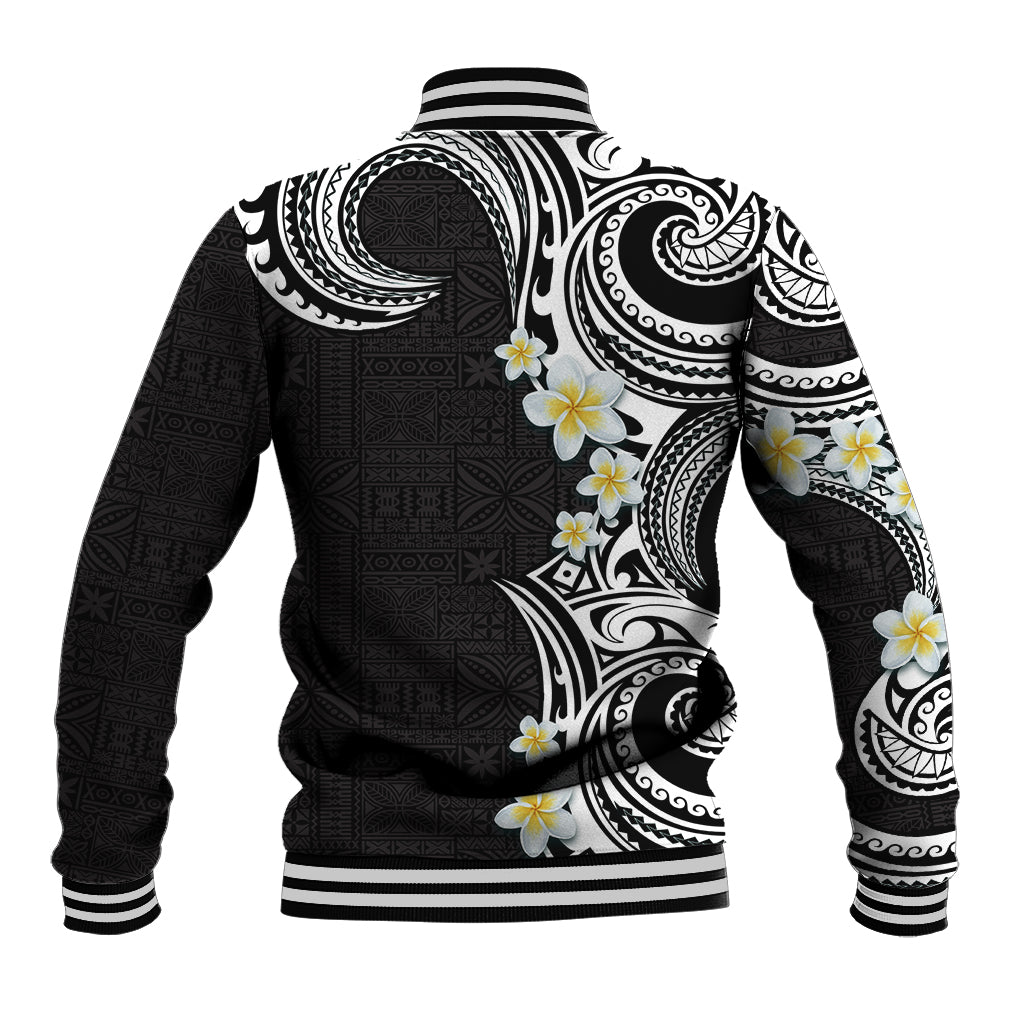Aloha Polynesian Plumeria Flower Baseball Jacket Black White Color
