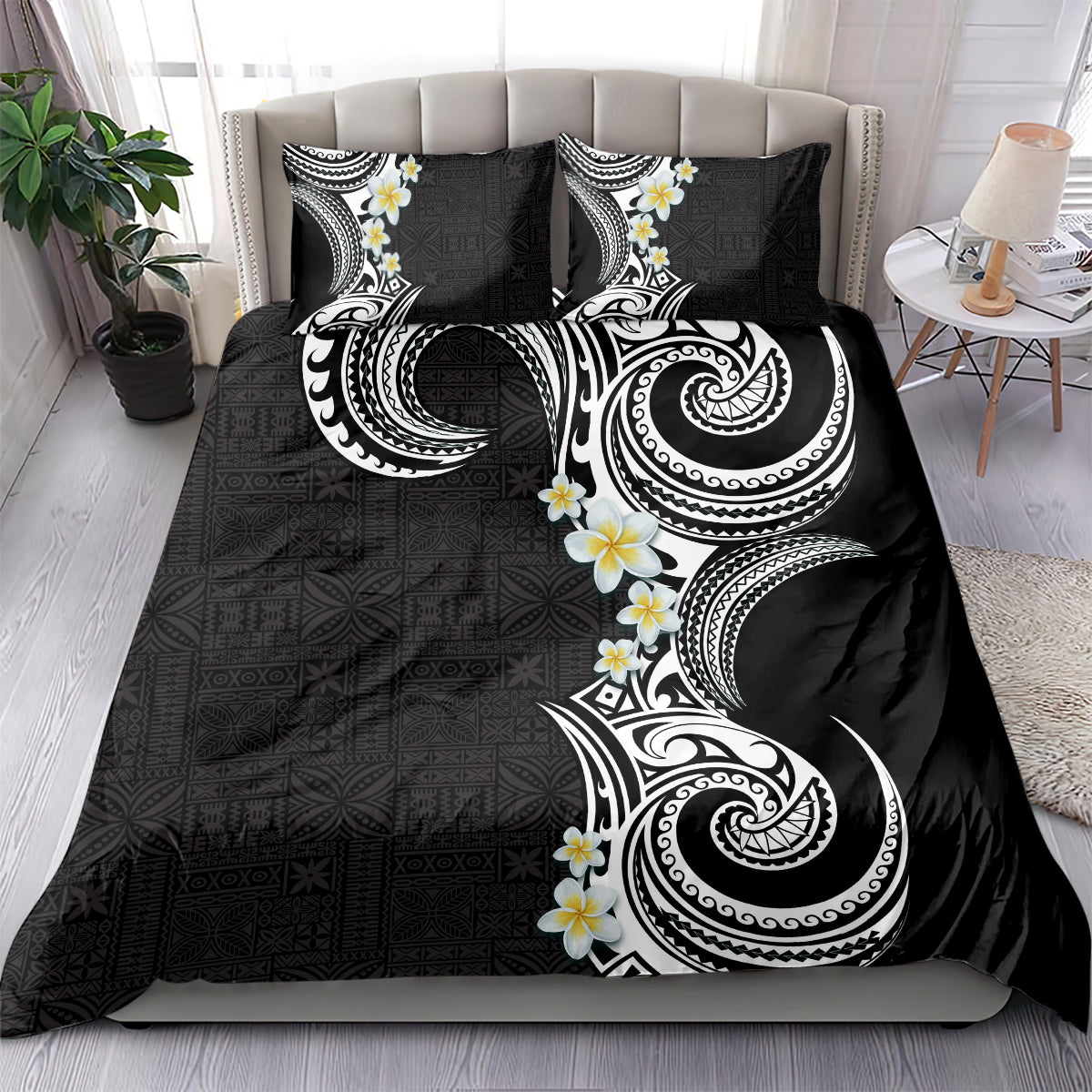 Aloha Polynesian Plumeria Flower Bedding Set Black White Color