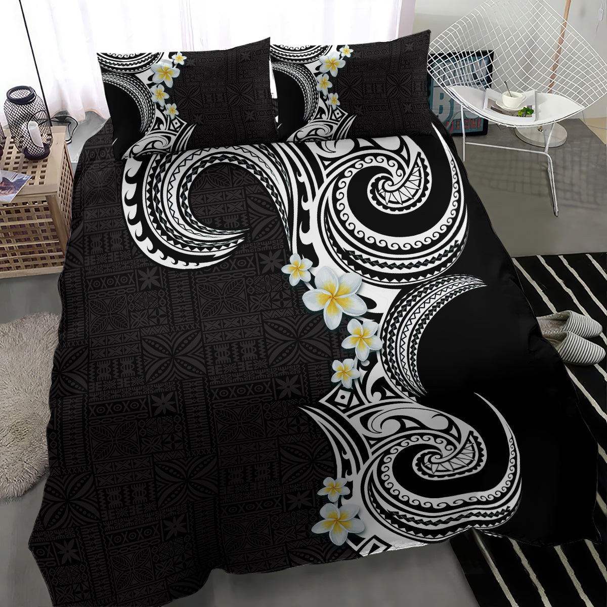 Aloha Polynesian Plumeria Flower Bedding Set Black White Color