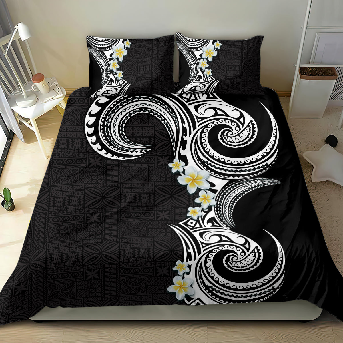 Aloha Polynesian Plumeria Flower Bedding Set Black White Color