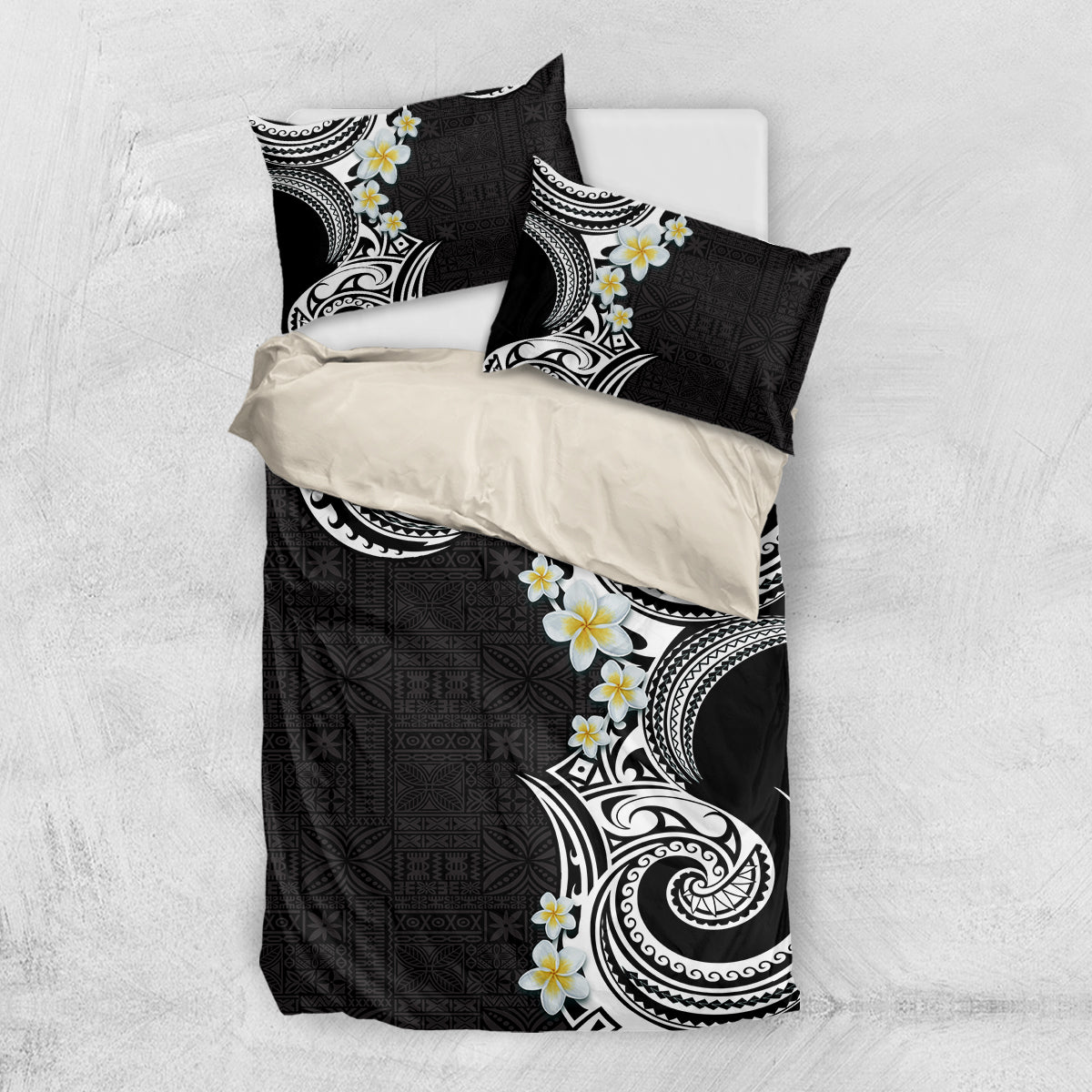 Aloha Polynesian Plumeria Flower Bedding Set Black White Color