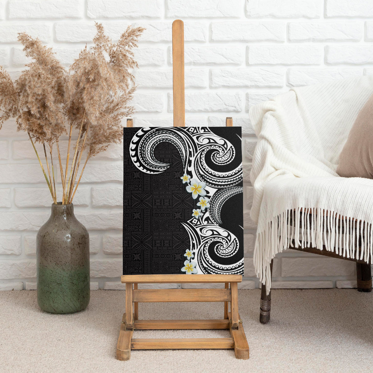 Aloha Polynesian Plumeria Flower Canvas Wall Art Black White Color