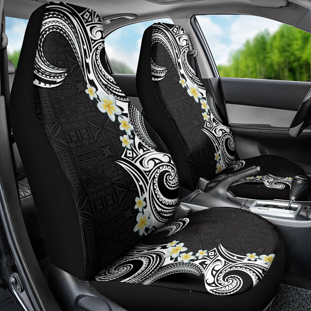 Aloha Polynesian Plumeria Flower Car Seat Cover Black White Color