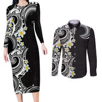 Aloha Polynesian Plumeria Flower Couples Matching Long Sleeve Bodycon Dress and Long Sleeve Button Shirt Black White Color