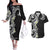 Aloha Polynesian Plumeria Flower Couples Matching Off The Shoulder Long Sleeve Dress and Hawaiian Shirt Black White Color