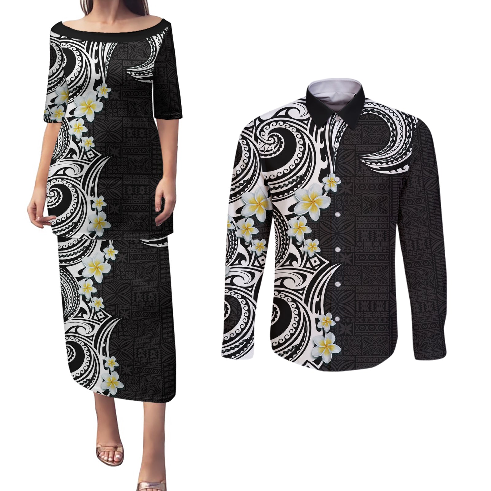 Aloha Polynesian Plumeria Flower Couples Matching Puletasi and Long Sleeve Button Shirt Black White Color