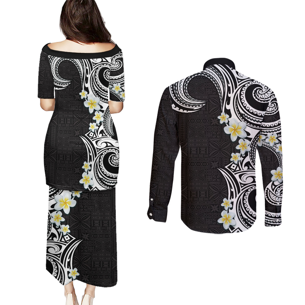 Aloha Polynesian Plumeria Flower Couples Matching Puletasi and Long Sleeve Button Shirt Black White Color
