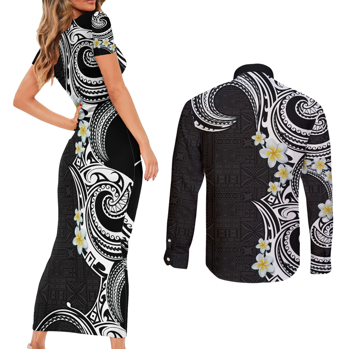 Aloha Polynesian Plumeria Flower Couples Matching Short Sleeve Bodycon Dress and Long Sleeve Button Shirt Black White Color
