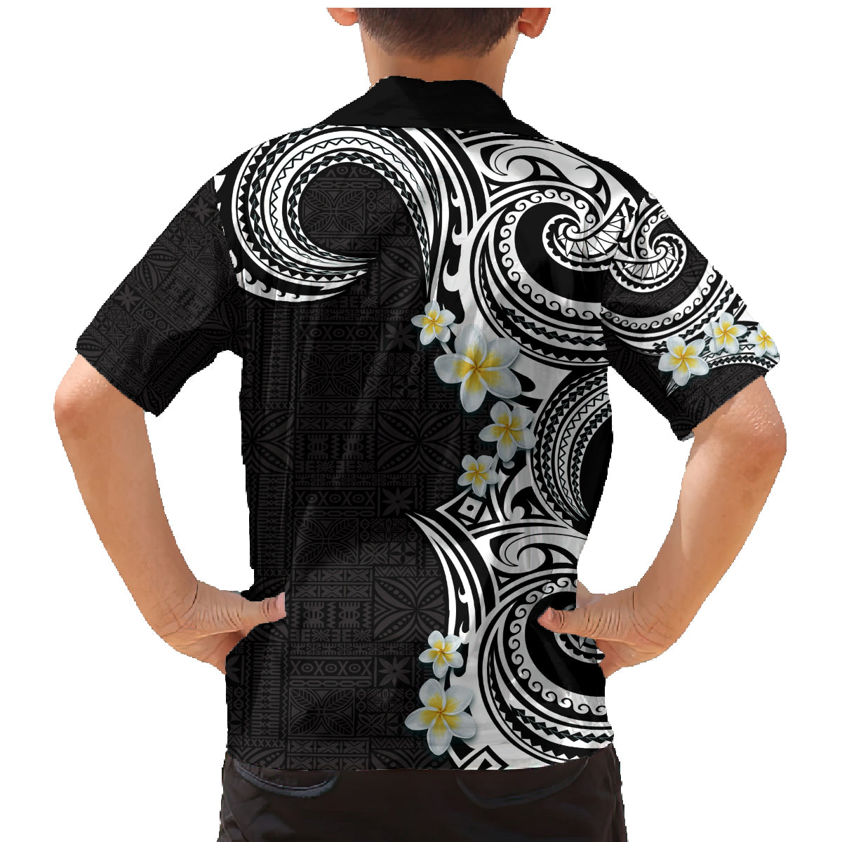 Aloha Polynesian Plumeria Flower Family Matching Mermaid Dress and Hawaiian Shirt Black White Color